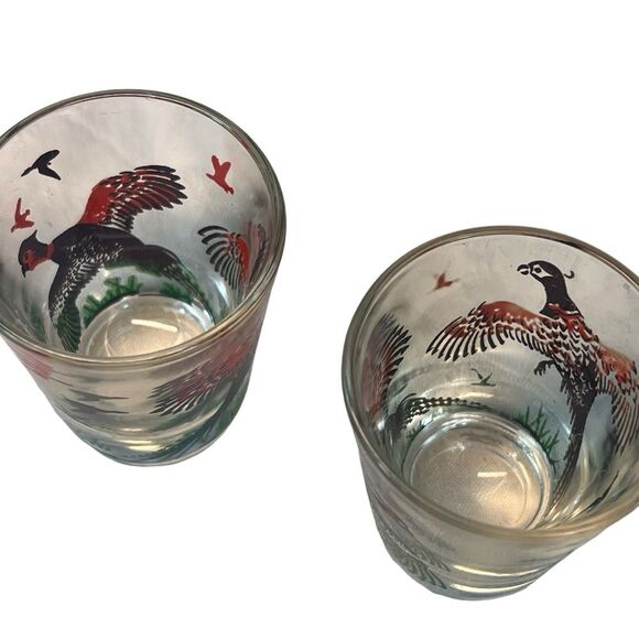Vintage 2 Hazel Atlas Pheasant Shot Glasses Barware Hunting Lodge Man Cave MCM - Picture 6 of 8